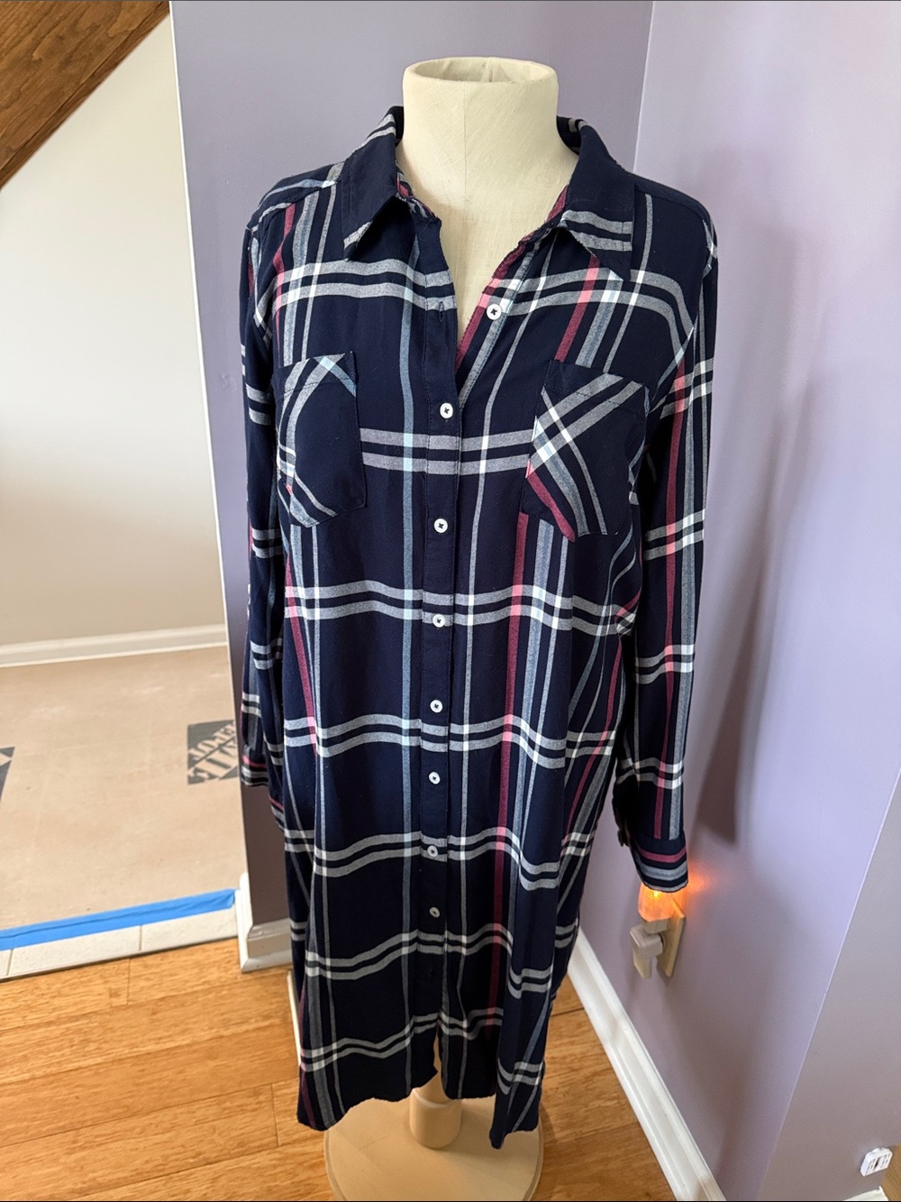 Motherhood Navy Plaid Shirt Dress with Pink Stripe